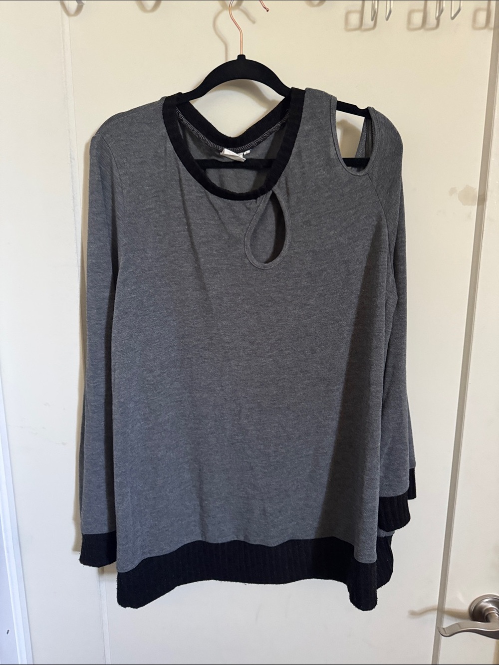 Suzanne Betro Grey Long Sleeve Top with Black Trim 1X
